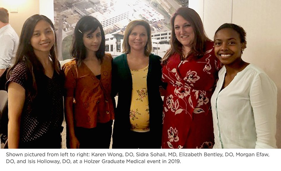 Karen Wong, DO, Sidra Sohail, MD, Elizabeth Bentley, DO, Morgan Efaw, DO, and Isis Holloway, DO, at a Holzer Graduate Medical event in 2019.