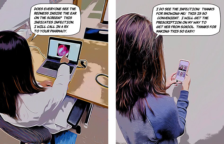 School-based medicine comic images: Nurse practitioner is speaking to girl's mother through a laptop screen and phone screen.