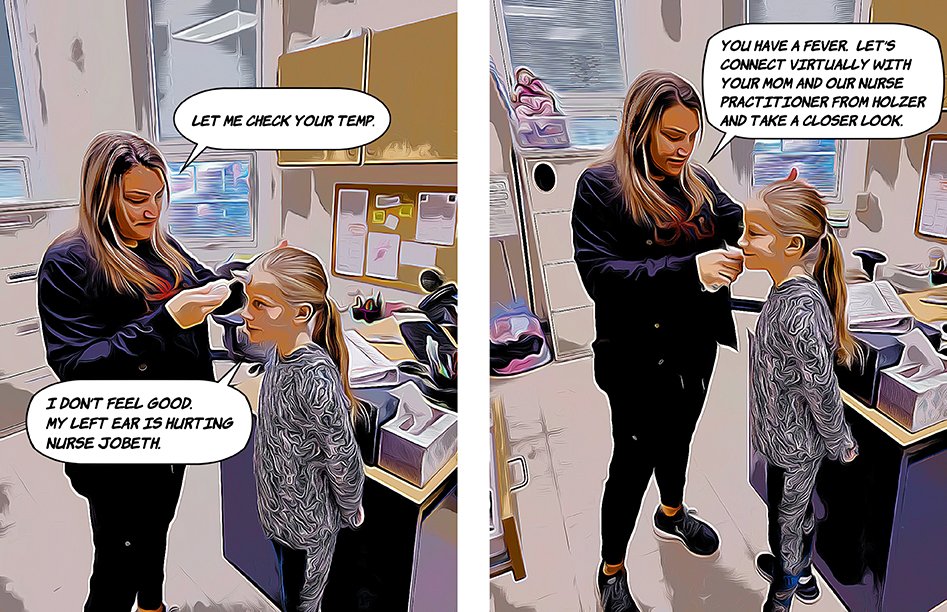 Virtual Visit Cartoon: Child doesn't feel well; school Nurse checks girl's temperature